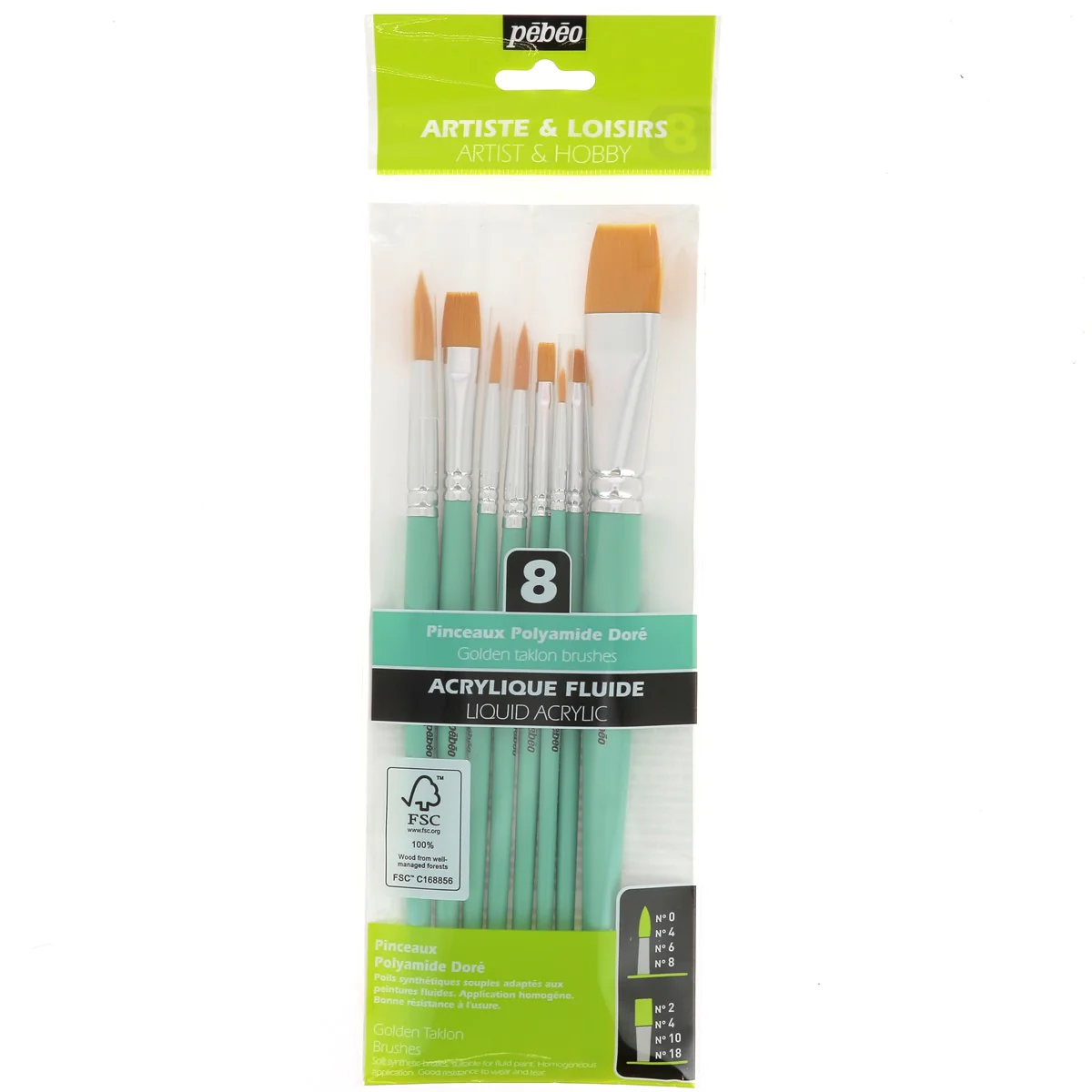Set de 8 pinceaux acrylique polyamide doré - Ronds et Plats - Pébéo - Image 4