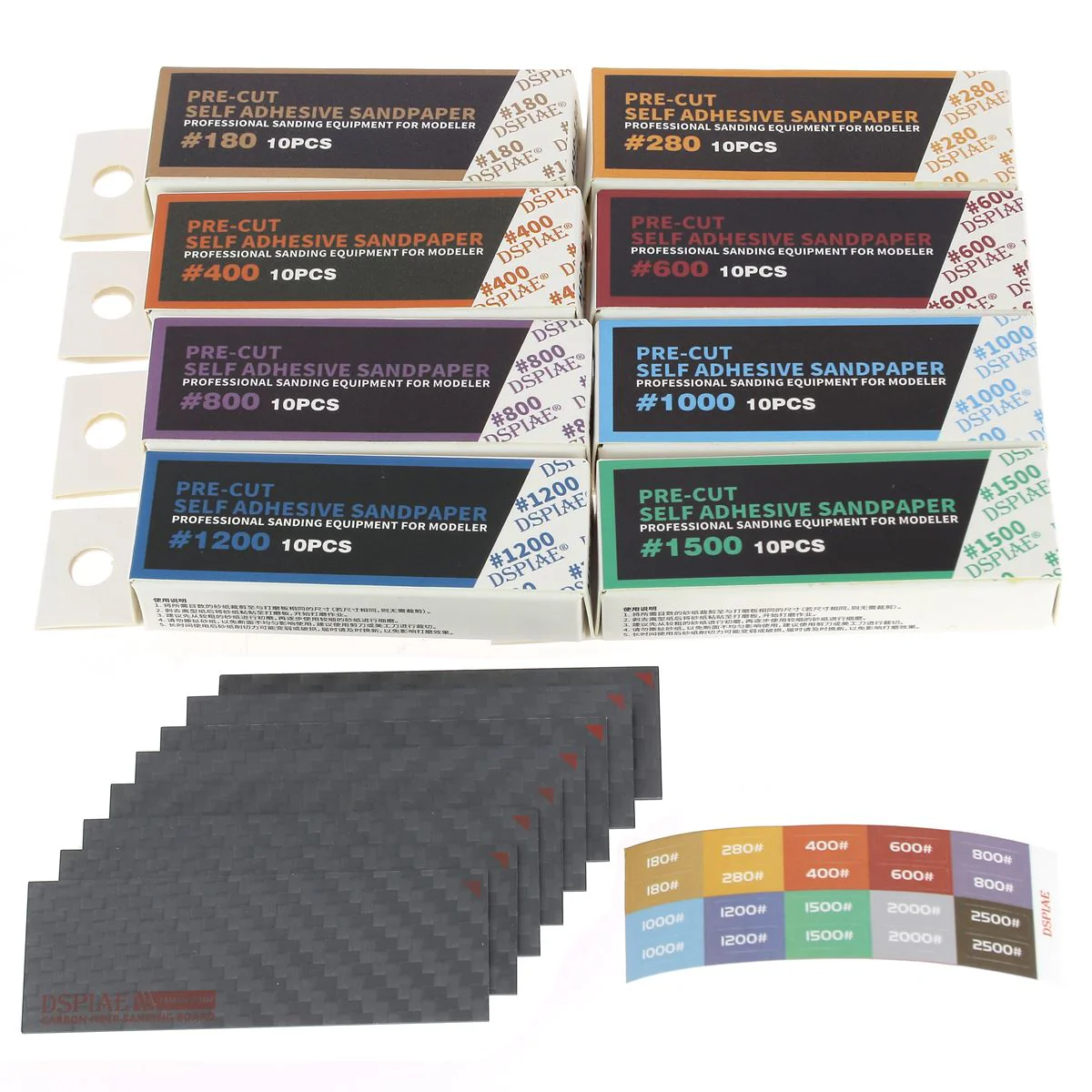 8 cales à poncer en carbone + 80 papiers de verre 25x75mm - Grains 180, 280, 400, 600, 800, 1000, 1200, 1500