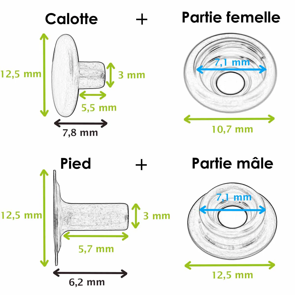 Lot de 10 Boutons pression FORTS en inox - LINE 20 : 12,5mm - Ivan - Image 2