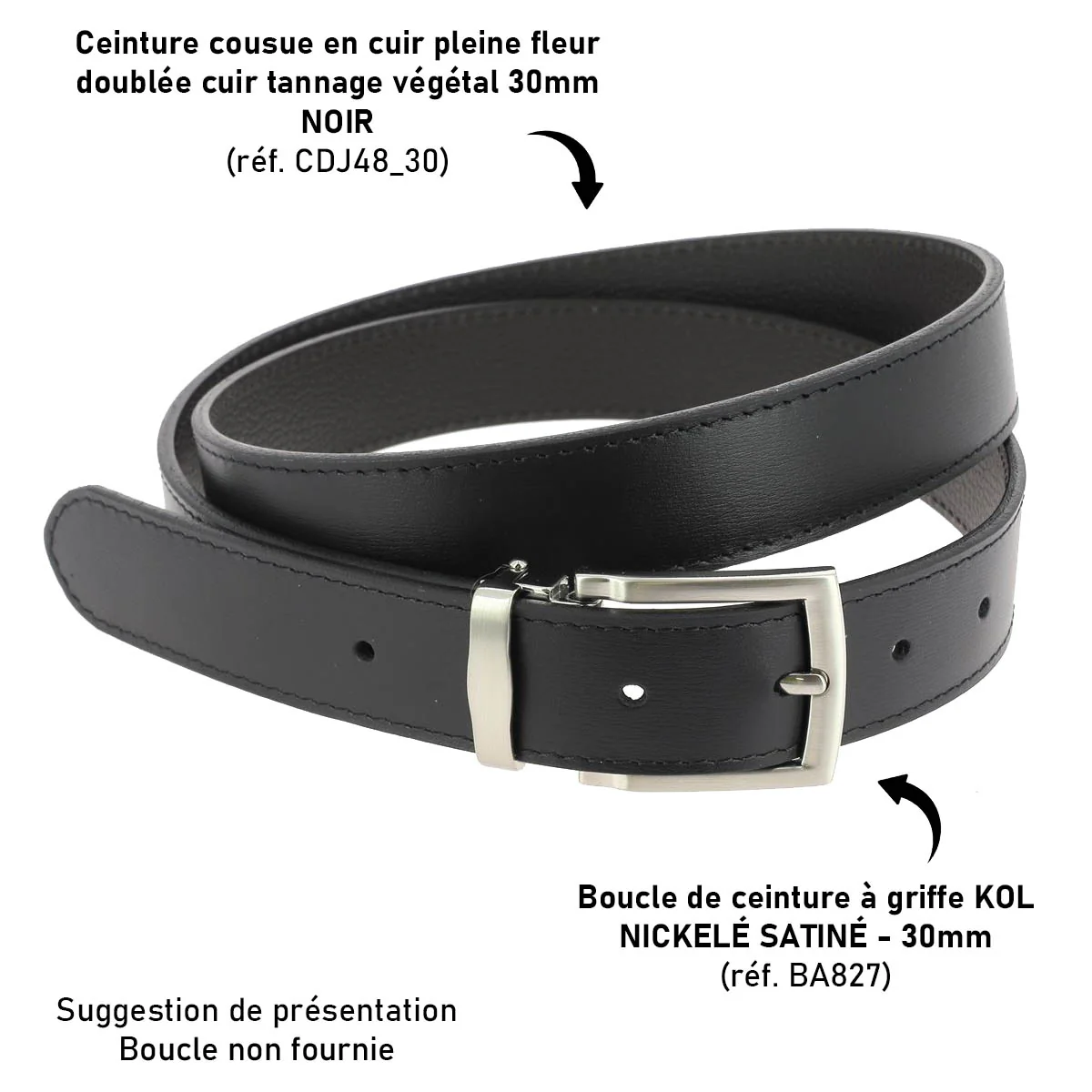 Ceinture cousue en cuir pleine fleur doublée cuir tannage végétal - NOIR - Image 3