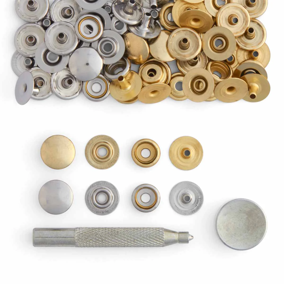 Kit de 20 boutons pression FORTS et outil de pose - LINE 20 : 12,5mm - LAITON et NICKELÉ - Ivan 3630-00