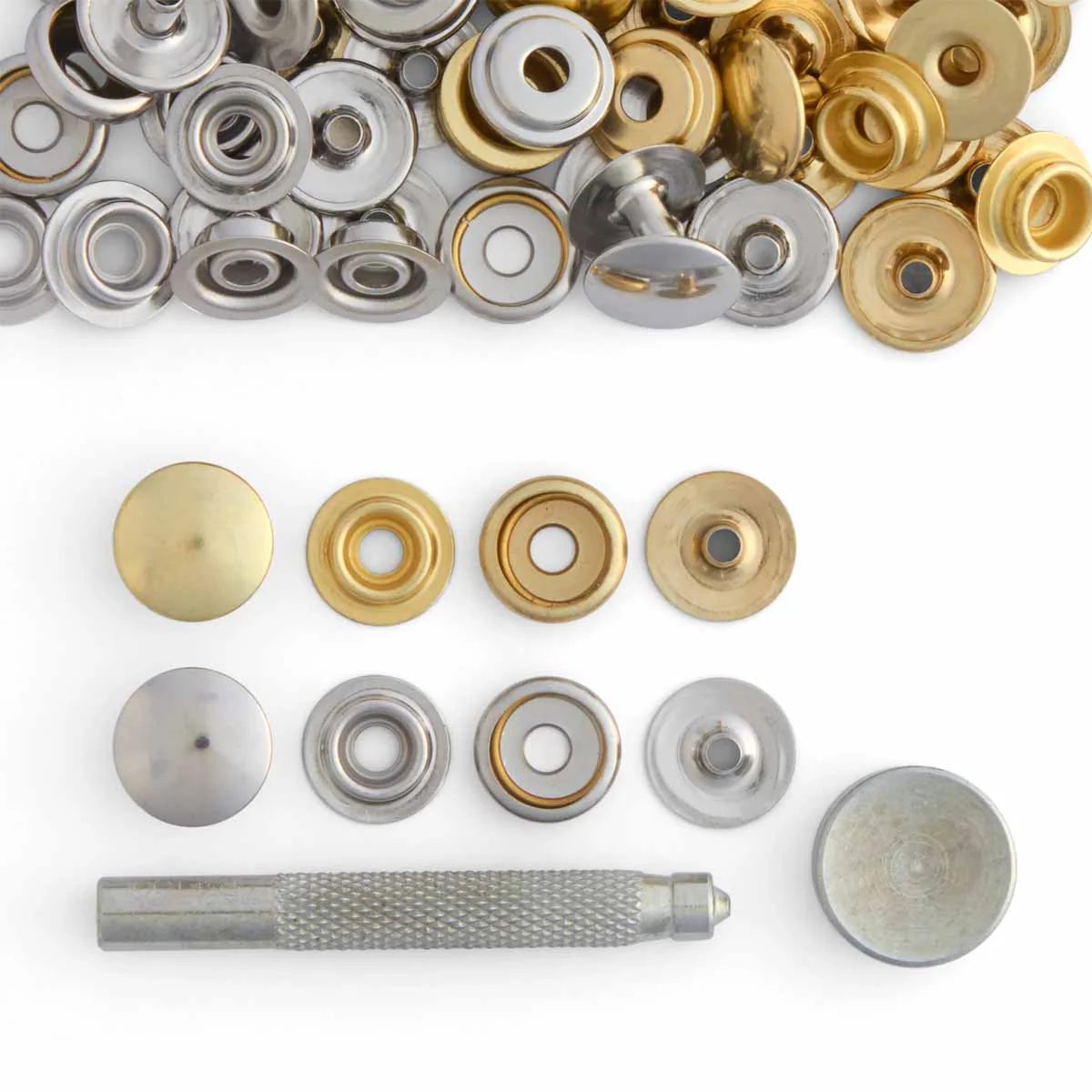 Kit de 20 boutons pression FORTS et outil de pose - LINE 24 : 15mm - LAITON et NICKELÉ - Ivan - 3631-00
