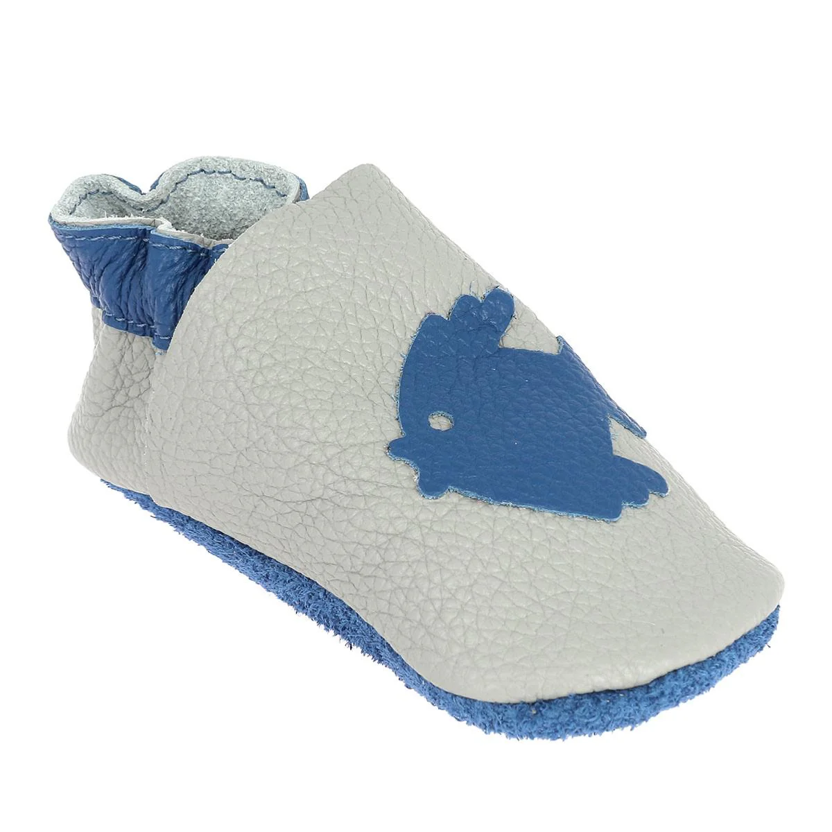 Kit chaussons en cuir pour bébé avec Poisson - Gris souris & Bleu océan