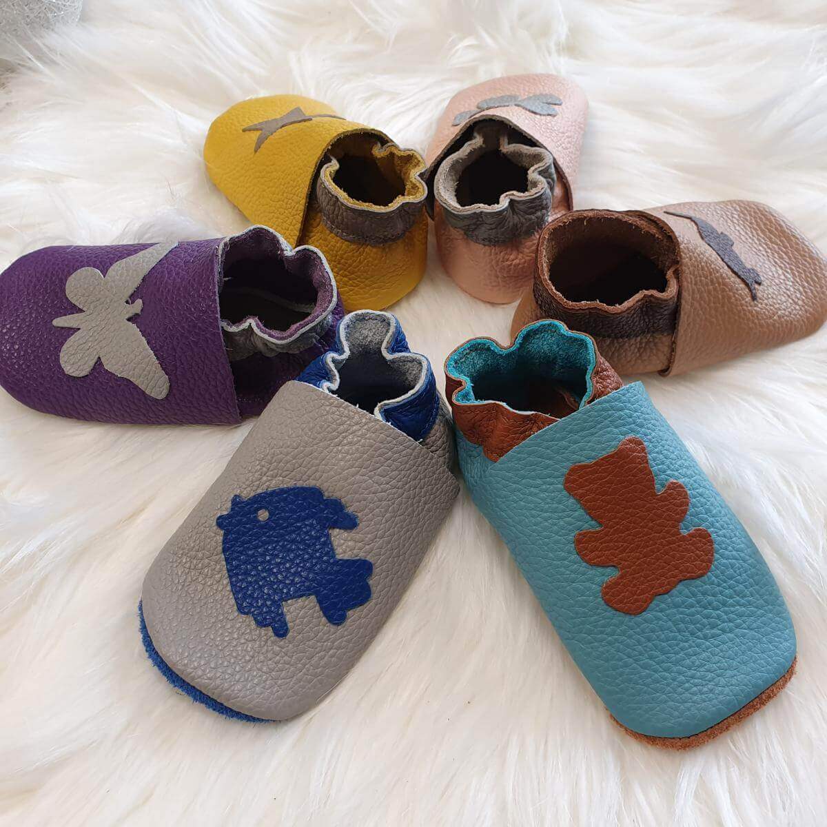 Kit chaussons en cuir pour bébé avec Poisson - Gris souris & Bleu océan - Image 3