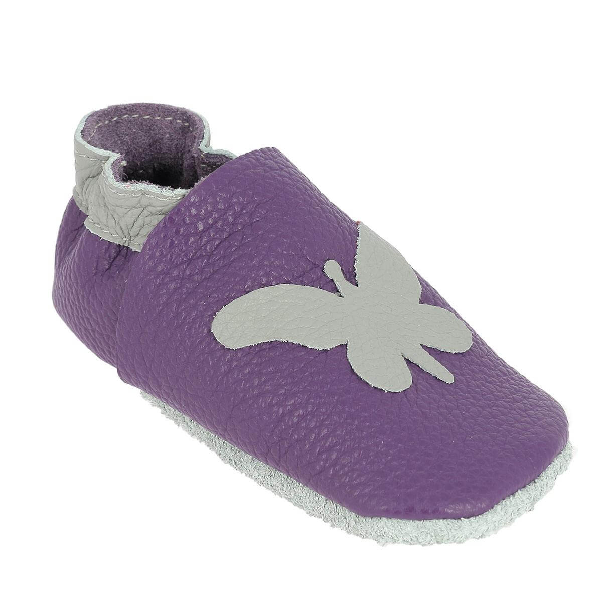 Kit chaussons en cuir pour bébé avec Papillon - Violet & Gris souris