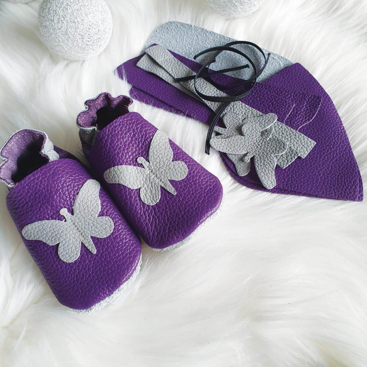 Kit chaussons en cuir pour bébé avec Papillon - Violet & Gris souris - Image 3