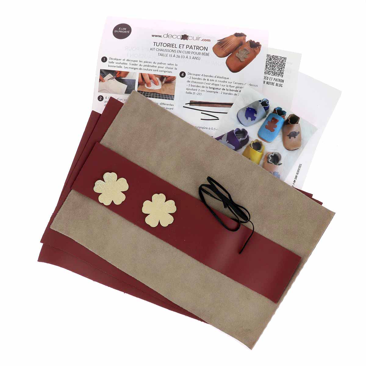 Kit DIY Chaussons en cuir pour bébé avec Fleur - BORDEAUX - Image 2