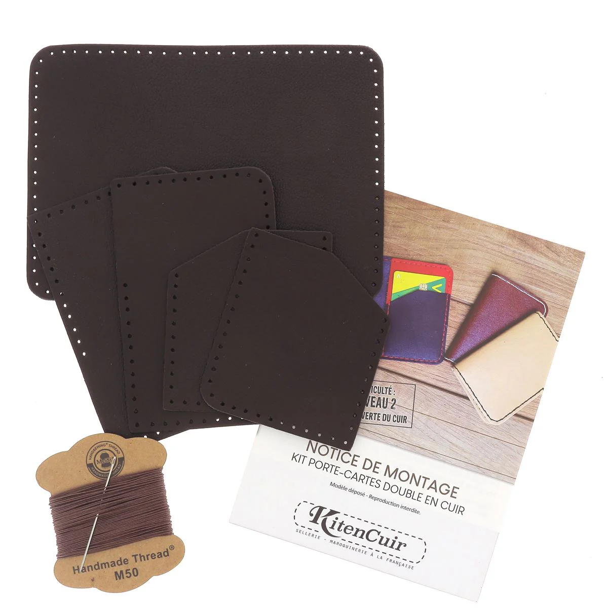 KitenCuir Porte Cartes double Marron - Fil Chocolat - Image 3