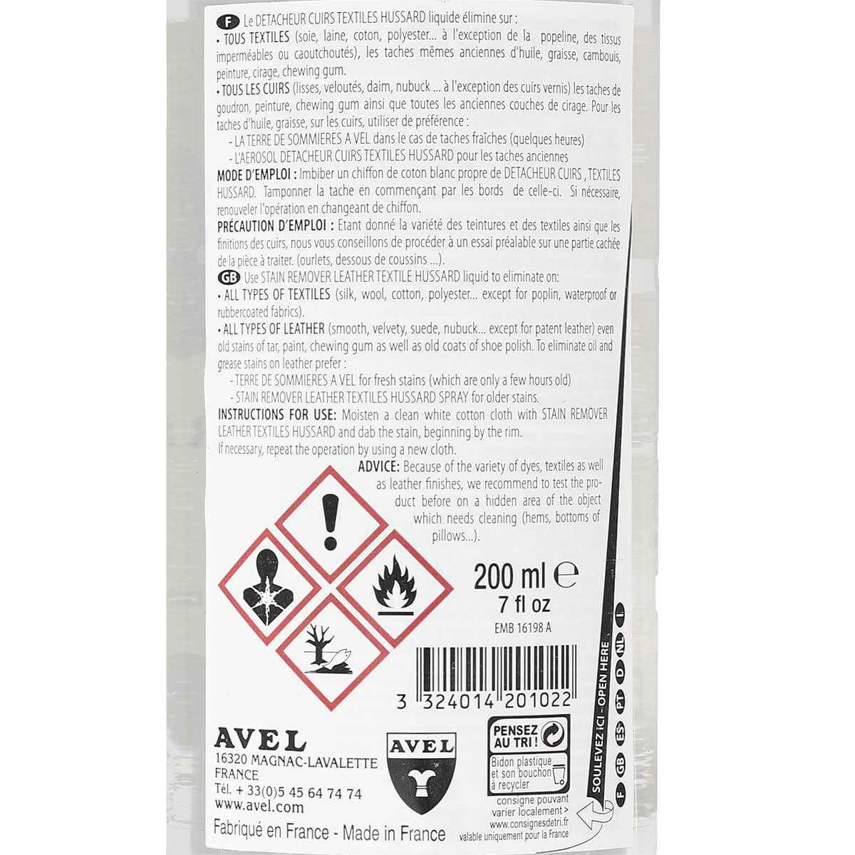 Détacheur Cuirs Textiles - Liquide 200ml - Hussard Avel - Image 3