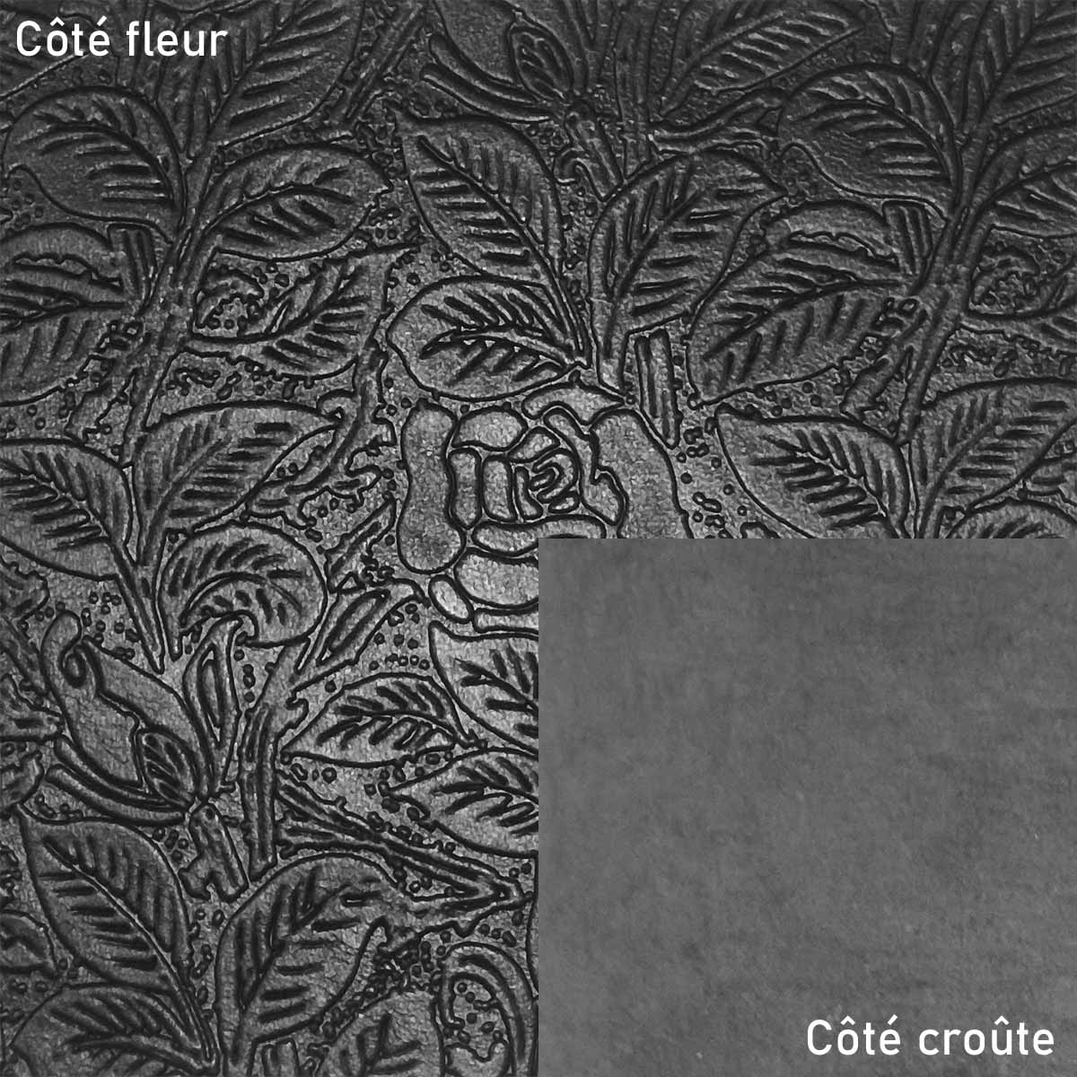 Peau entière de cuir de basane FRANCE imprimé FLORAL - ANILINE - NOIR BAF24 - Image 2